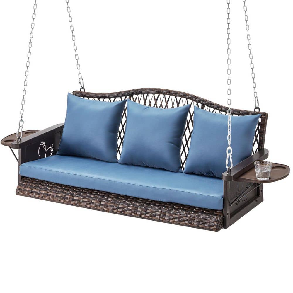 3-Seater Brown Wicker Outdoor Garden Porch Swing with Blue Cushion
