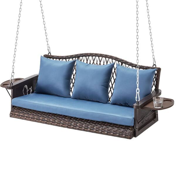 Unbranded 3-Seater Brown Wicker Outdoor Garden Porch Swing with Blue Cushion