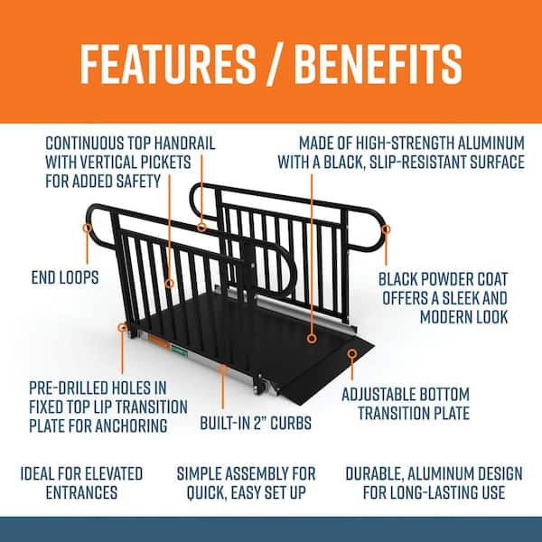 GATEWAY 3G 5 ft. Aluminum Solid Surface Black Wheelchair Ramp with Black Vertical Picket Handrails