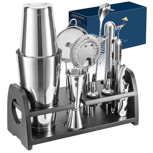 18-Piece Stainless Steel Cocktail Shaker Set with Bamboo Stand - Barware Kit for Mixing and Serving Drinks at Home