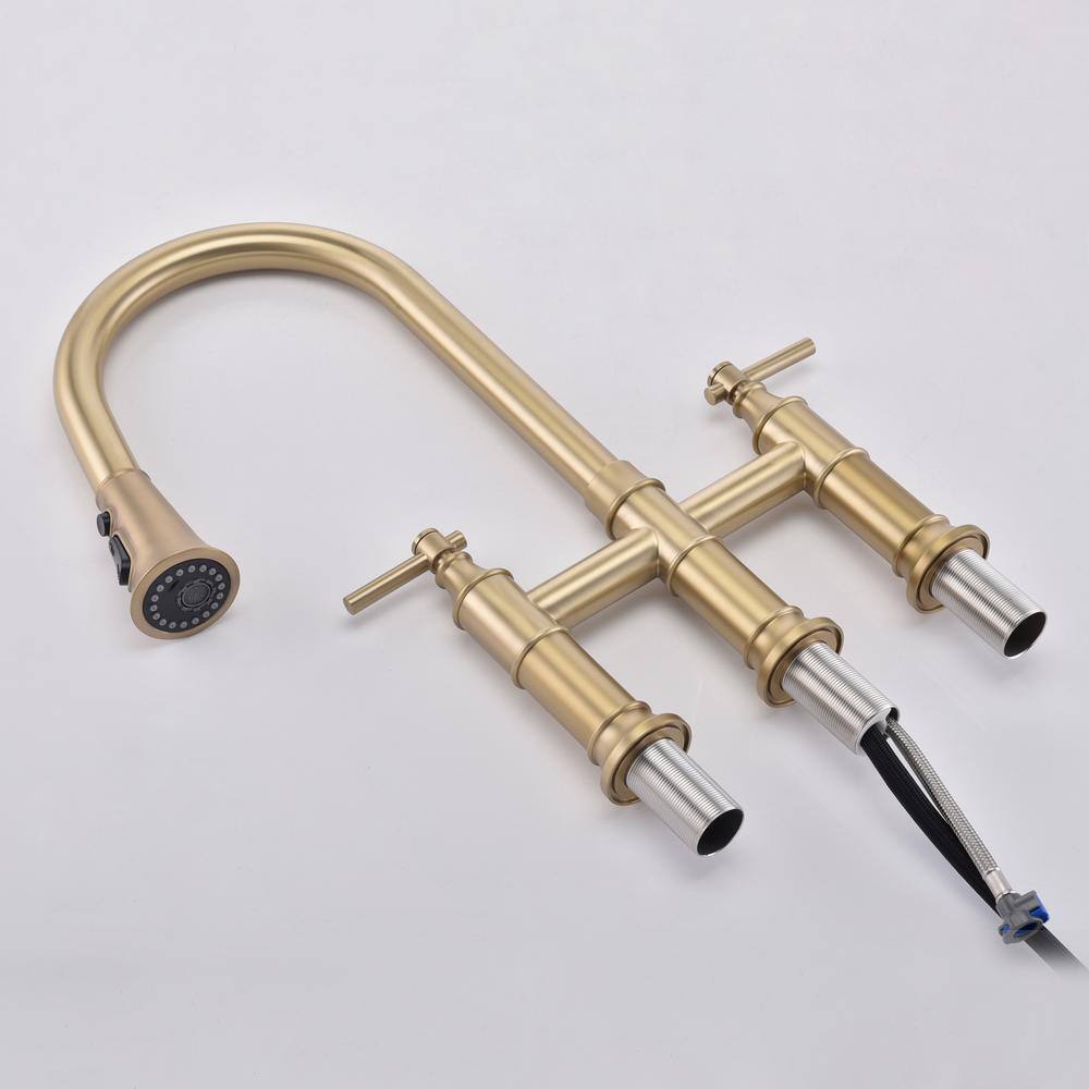 Brushed Gold Stainless Steel Bridge Kitchen Faucet with Pull-Out Spray