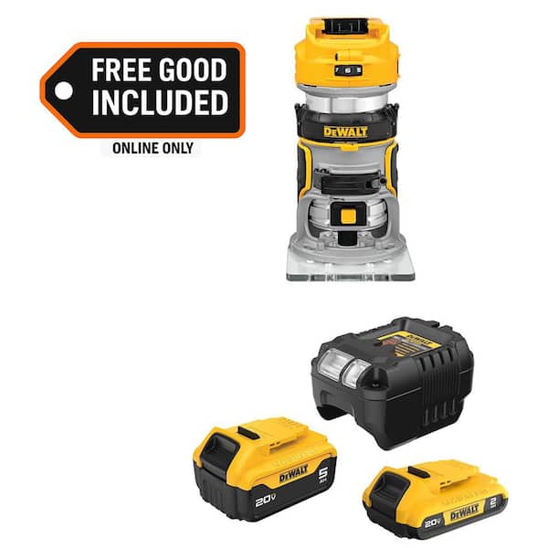 20V MAX XR Lithium-Ion Cordless Brushless Fixed Base Compact Router with 20V MAX 5.0 Ah and 2.0 Ah Batteries and Charger