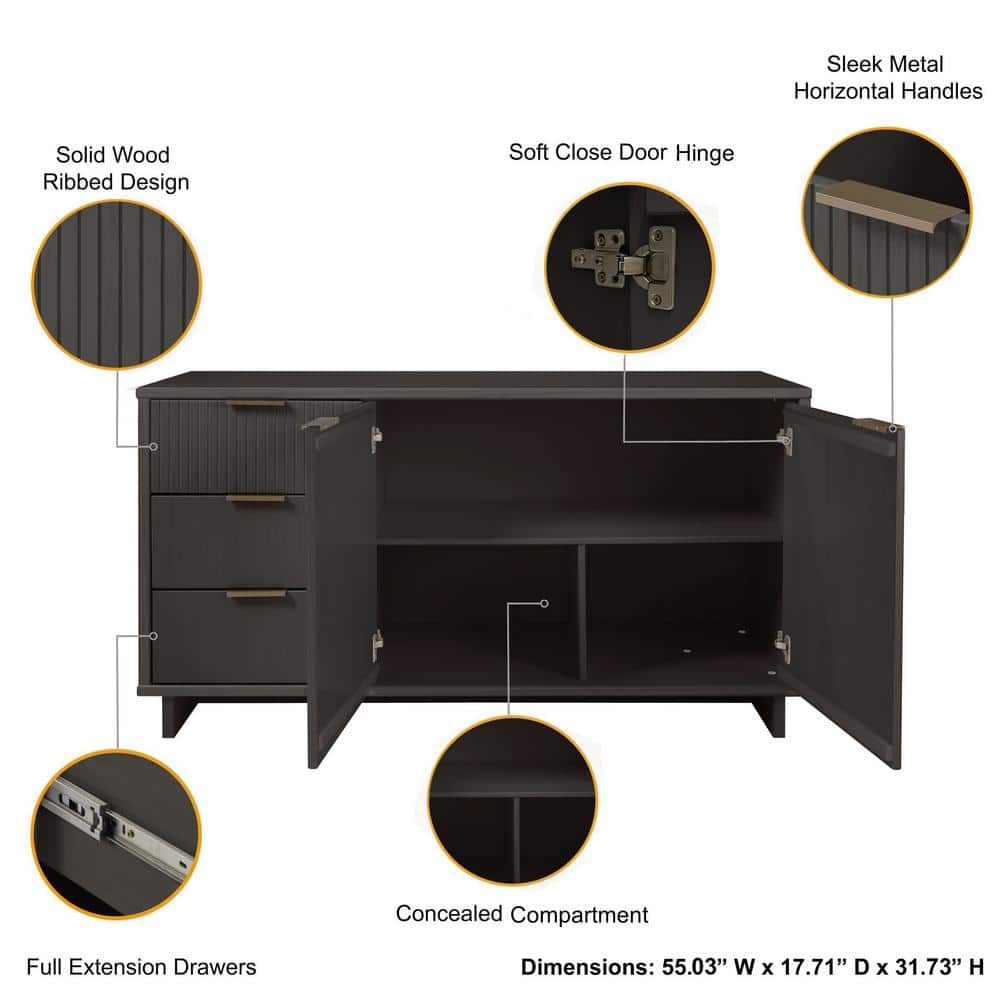 Granville Dark Gray Modern 3-Drawer Buffet Sideboard