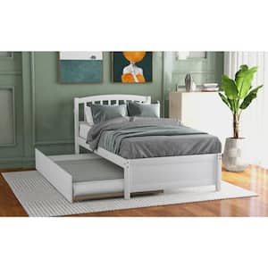 White Twin Platform Bed Frame with Trundle, Twin Bed Frame with Headboard and Pull Out Trundle for Kids, Guest Room