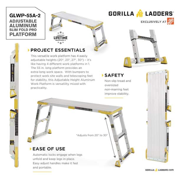 Gorilla Ladders - 4.6 ft. x 2.5 ft. Aluminum Heavy-Duty PRO, 2 in. Slim-Fold Work Platform, 4-Adjustable Heights, 375 lbs. Load Capacity