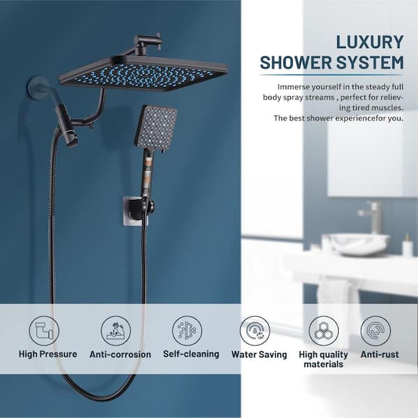 Rainfull 2-in-1 6-Spray 12 in. Wall Mount Filtered Dual Shower Head Fixed & Handheld Shower Head 1.8 GPM Black