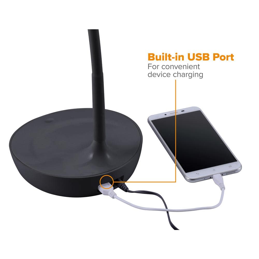 Black Adjustable Gooseneck LED Desk Lamp with USB Port