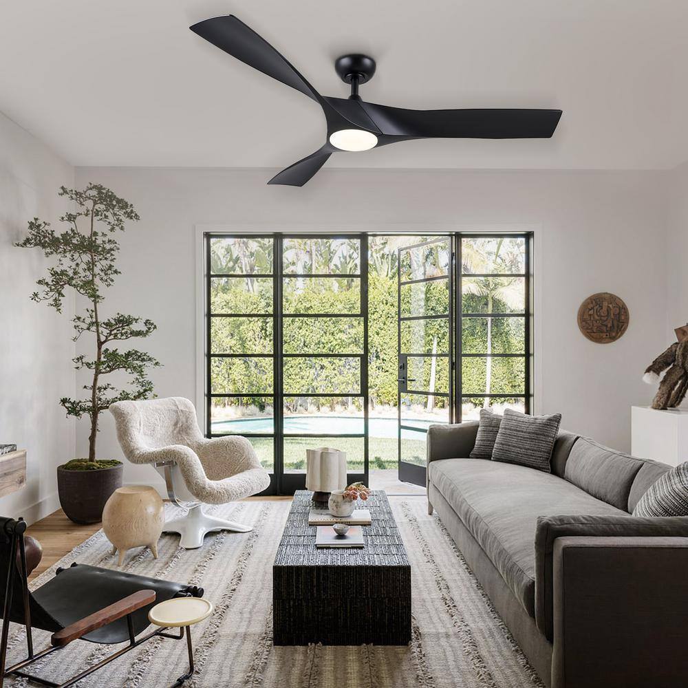 52" Black Modern Ceiling Fan with Dimmable LED Light and Remote