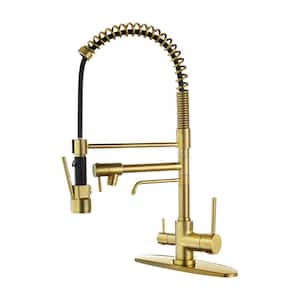 Double-Handles Pull Down Sprayer Kitchen Faucet with Drinking Water, Pull Out Spray Wand in Solid Brass in Brushed Gold
