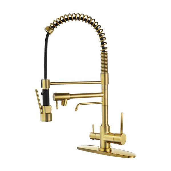 WOWOW Double-Handles Pull Down Sprayer Kitchen Faucet with Drinking Water, Pull Out Spray Wand in Solid Brass in Brushed Gold