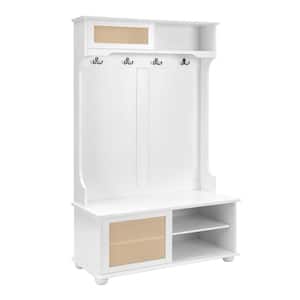 40 in. White Casual Style Hall Tree Entryway Bench with Rattan Door Shelves and Shoe Cabinets
