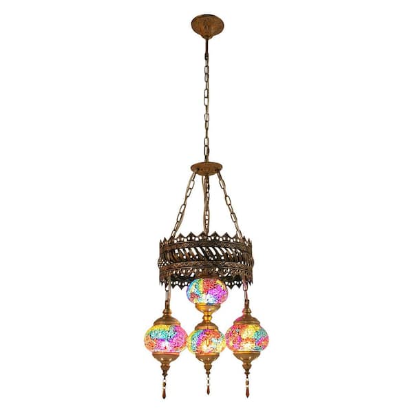 OUKANING 4-Light Vintage Bronze Retro 11.81 in. Pendant Light with Colorful Glass Shade and Adjustable Height, No Bulbs Included
