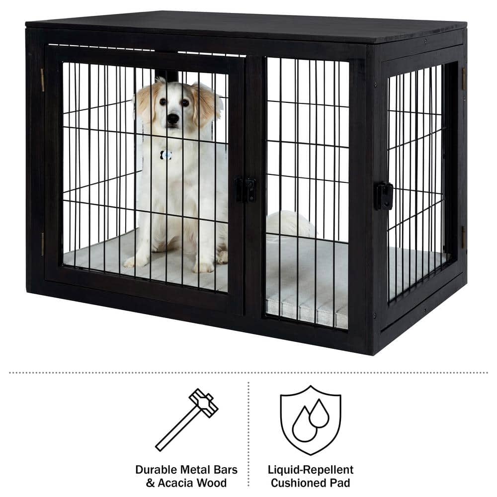 Large Black Acacia Wood and Metal Dog Crate Table