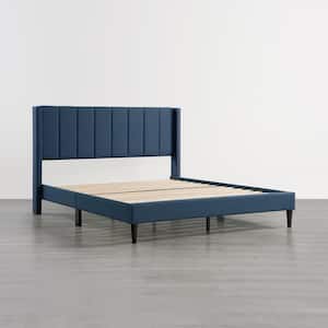 Aldrich Blue Wood and Metal Frame Upholstered Full Wingback Platform Bed with Channel Tufting  Bed Frame with headboard