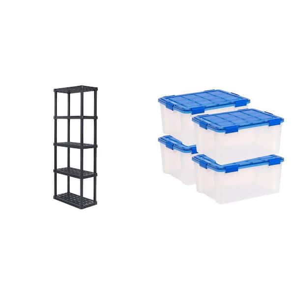 5-Tier Plastic Garage Shelving Unit (12 in. x 64 in. x 24 in.) and 15 Gal. Storage Tote with Blue Lid (4-Pack)