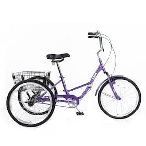 24 in. Purple Steel Folding Tricycles with Shopping Basket and Low Step-Through