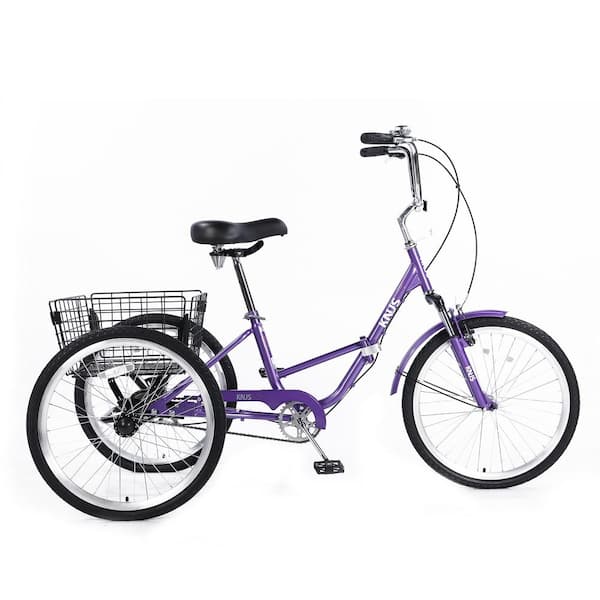 Cesicia 24 in. Purple Steel Folding Tricycles with Shopping Basket and Low Step-Through