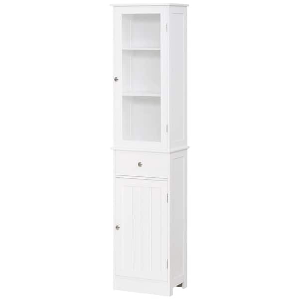 15.75 in. W x 10.75 in. D x 67.5 in. H White Wood Linen Cabinet with Shelves, Drawer and 2 Doors for Bathroom