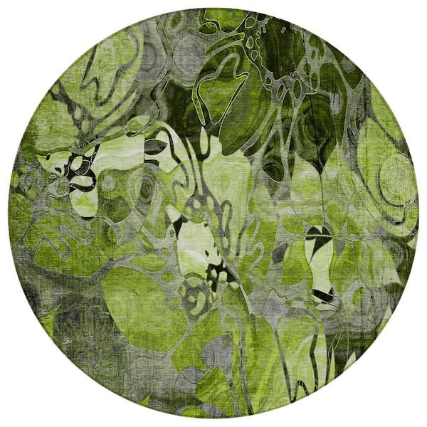 Fern Green, Gray 8 ft. x 8 ft. Woven Abstract Polyester Round Indoor / Outdoor Area Rug