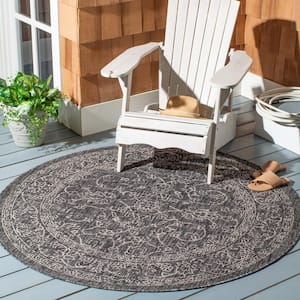 Courtyard Black/Ivory 4 ft. x 4 ft. Round Border Floral Scroll Indoor/Outdoor Area Rug