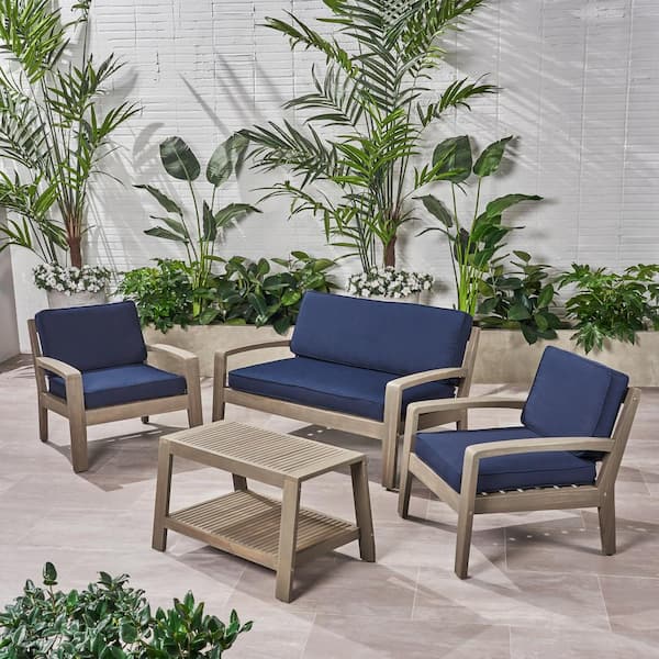 Noble House Grenada Grey 4-Piece Wood Outdoor Patio Conversation Set with Sunbrella Navy Blue Cushions