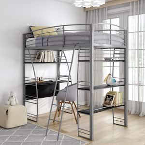 Simona Silver Finish Twin Loft Bed with Integrated Desk and Shelves