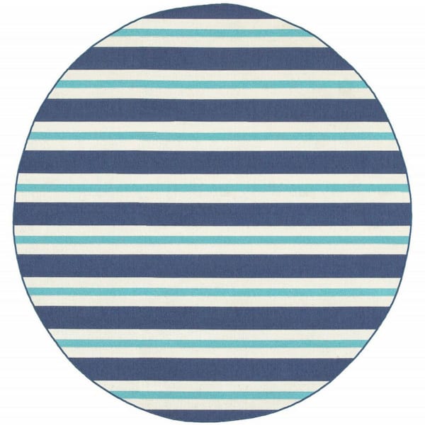 Blue, Ivory 8 ft. x 8 ft. Loomed Geometric Polypropylene Round Indoor/Outdoor Area Rug