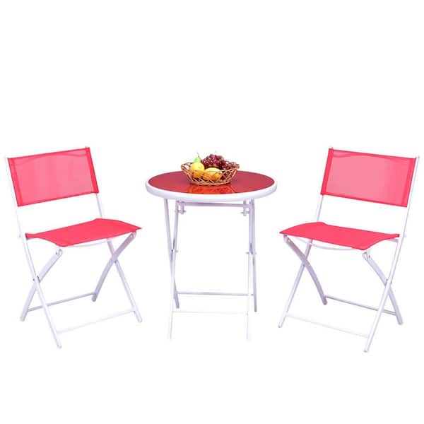 FORCLOVER 3-Piece Metal Folding Patio Conversation Set in Pink