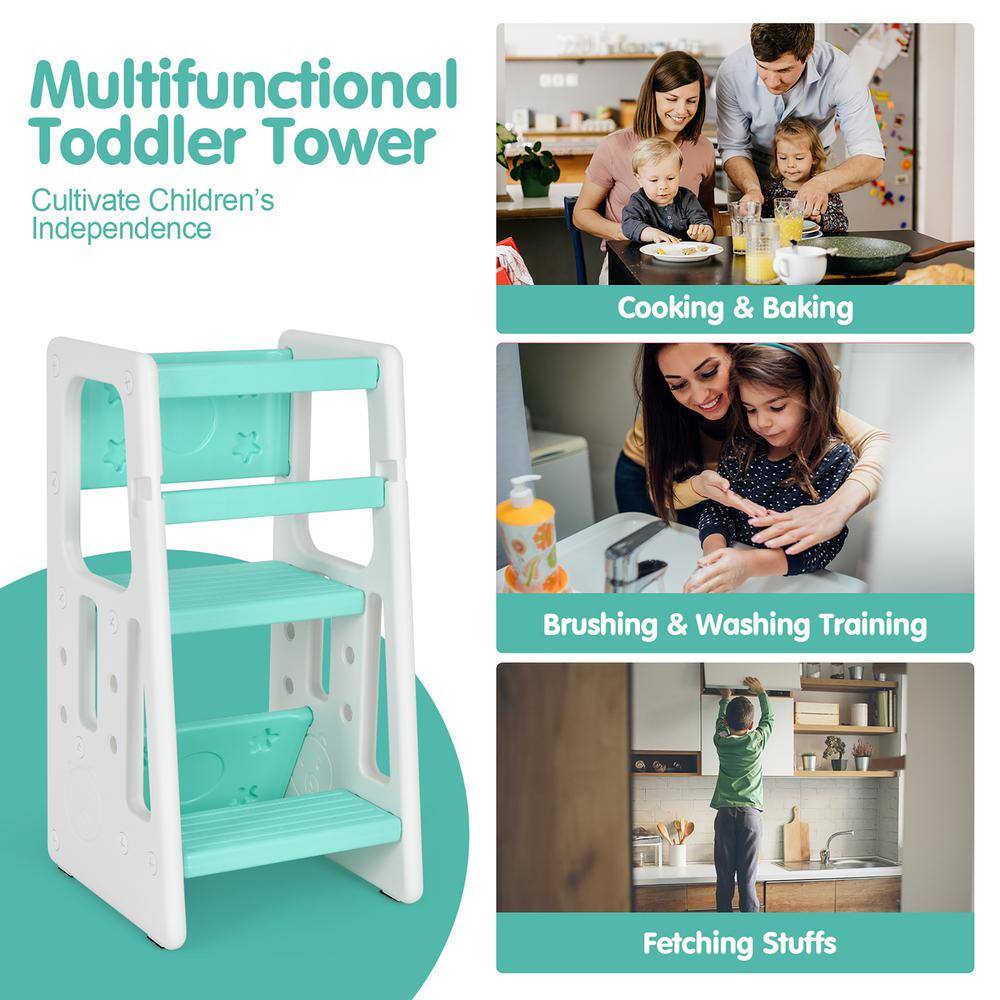 Green and White Toddler Kitchen Helper Step Stool with Safety Features