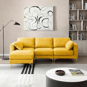 92.9 in Wide Square Arm Polyester Modern L-shaped Sofa in. Yellow with Ottoman and 2 Pillows