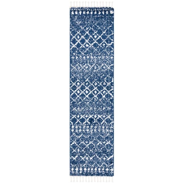 Berber Fringe Shag 2 ft. x 8 ft. Dark Blue/Ivory Ikat Runner Rug