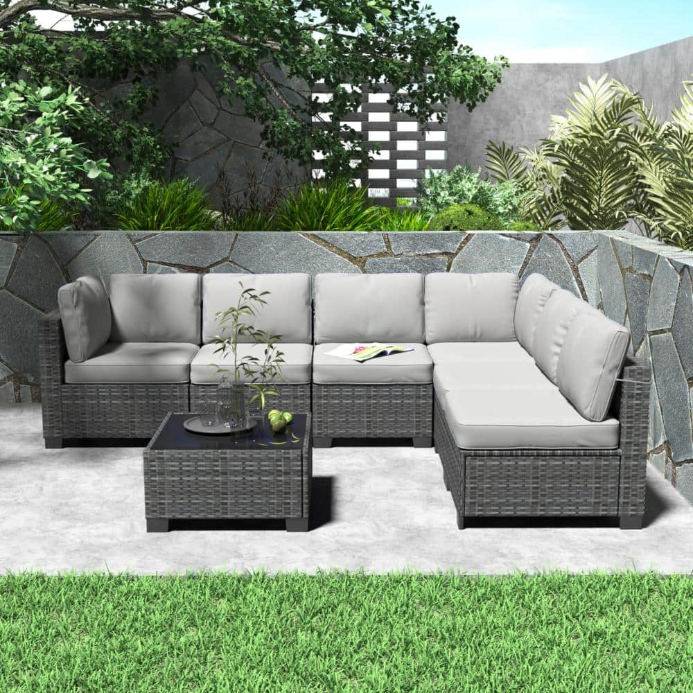 7-Piece Outdoor PE Rattan Sectional Sofa Set with Gray Cushions & Tempered Glass Table price history on PriceWatchPro