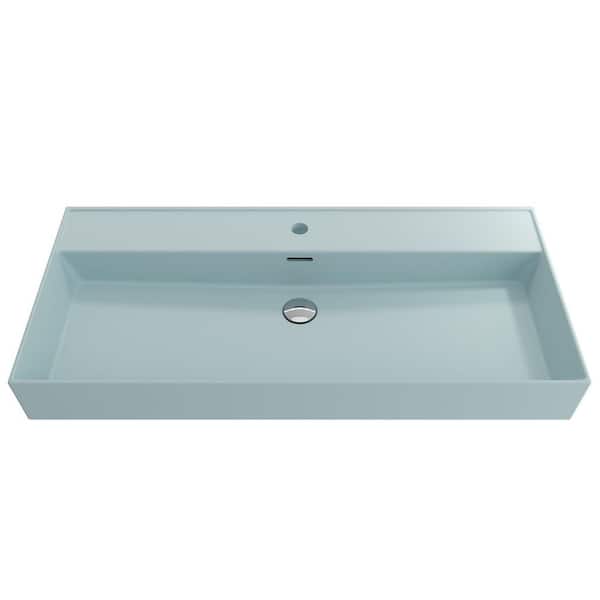 BOCCHI Milano 39.75 in. 1-Hole Matte Ice Blue Fireclay Rectangular Wall-Mounted Bathroom Sink with Overflow