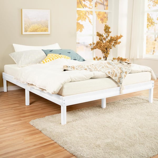 HOMESTOCK 14 in. White Queen Solid Wood Platform Bed with Wooden Slats 64498HD The Home Depot