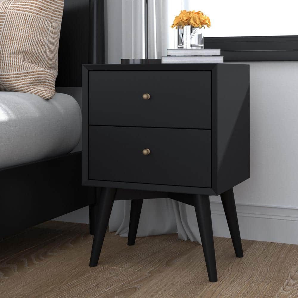 Alpine Furniture Flynn Mid Century Modern 2 Drawer Wood Chest Nightstand, Black