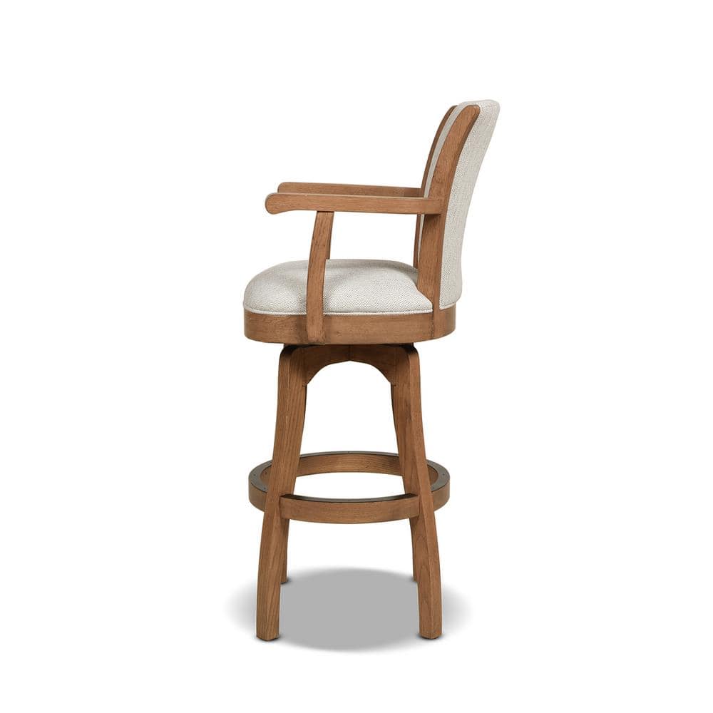 Williams 31'' White Leather Swivel Bar Stool with Oak Armrests