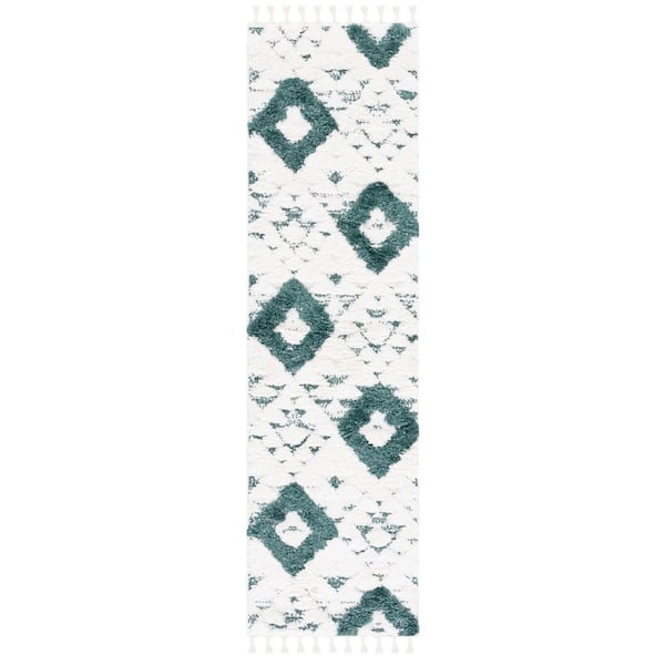 Moroccan Tassel Shag 2 ft. x 10 ft. Green/Ivory High-Low Geometric Fringe Runner Rug