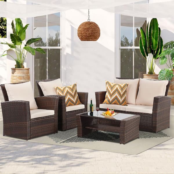 AUTMOON All-Weather Patio Furniture Set, 4-Piece Wicker Sectional Conversation Set with Table and Cushions, Beige