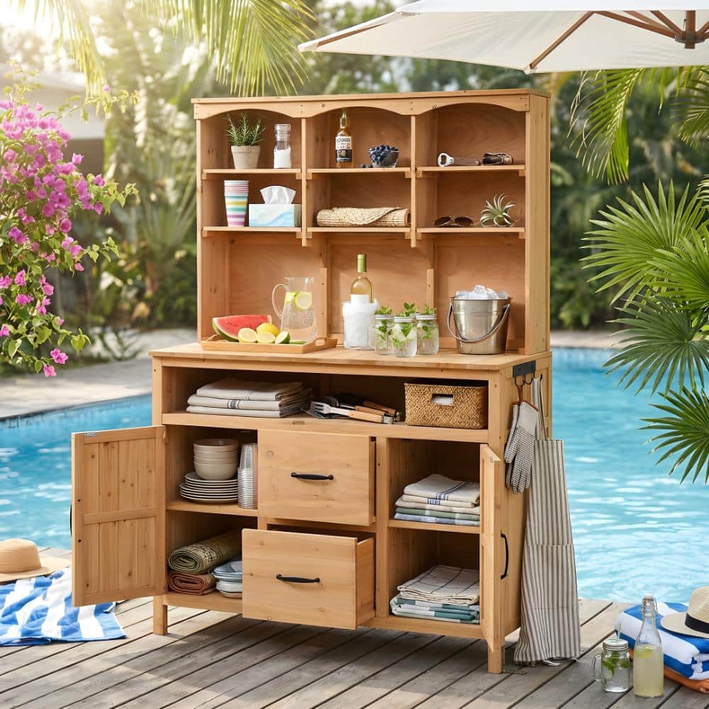 Natural Outdoor Multi-Functional Patio Wood Potting Bench with Hutch, Cabinets and Drawers price history on PriceWatchPro