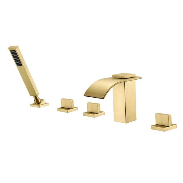 Modern Triple Handle Tub Deck Mount Roman Tub Faucet with Hand Shower in Brushed Gold