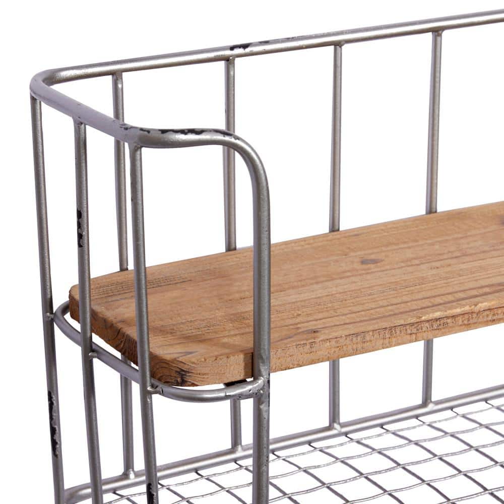 Gray Iron and Wood Wall Shelf with Hooks, Set of 2