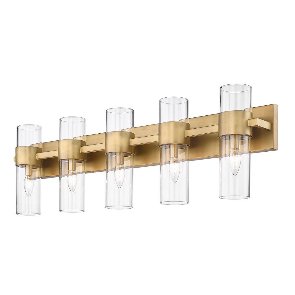 Lawson 38" Rubbed Brass 5-Light Vanity with Clear Glass Shades