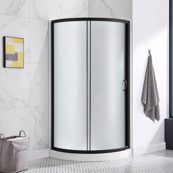 Breeze 32 in. L x 32 in. W x 77.36 in. H Corner Shower Kit with Frosted Framed Sliding Door in Black