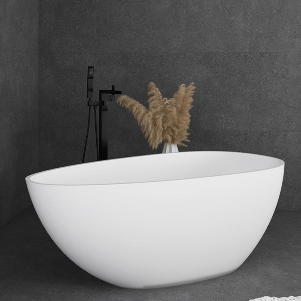 JimsMaison 59 in. x 30 in. Solid Surface Freestanding Flatbottom Soaking Bathtub in Matte White