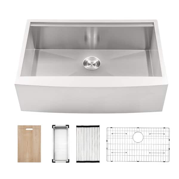 Sarlai 33 in. Farmhouse/Apron Front Single Bowl 18-Gauge Stainless Steel Workstation Kitchen Sink with Bottom Grid