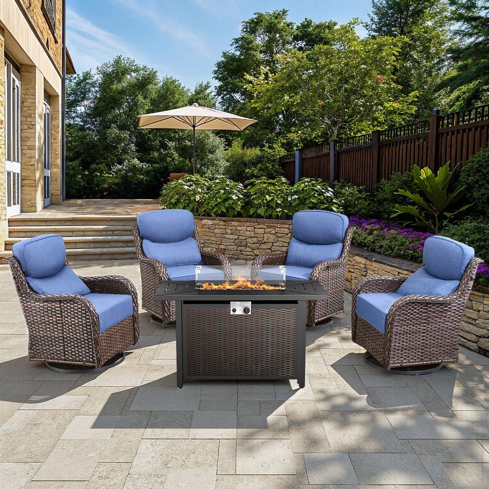 Arcadia Brown 5-Piece Wicker Patio Fire Pit Set, 4-Person Seating Set with Olefin Navy Blue Cushions and Swivel Gliders price history on PriceWatchPro
