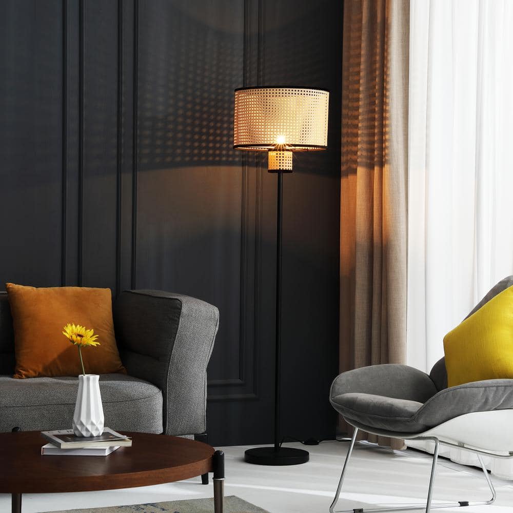 Nakuv 17'' Black Metal and Rattan Floor Lamp with USB Port