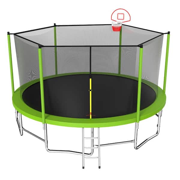 Boosicavelly 16 ft. Green Galvanized Anti-Rust Outdoor Round Trampoline with Basketball Hoop with Ladder and Enclosure Net