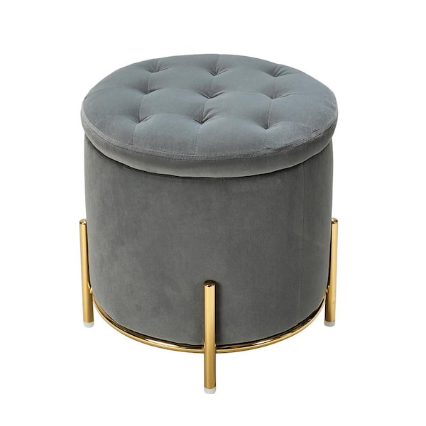 Bernardino Grey Tufted Storage Ottoman with Gold Metal Legs