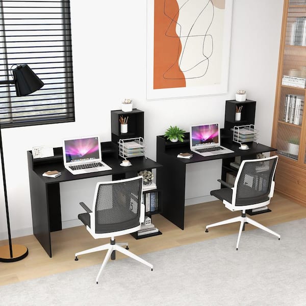 Black Gaming Desk with LED Lights, 55 Computer Desk with Hutch and  Shelves, Large PC Gamer Desk Workstation for Home Office